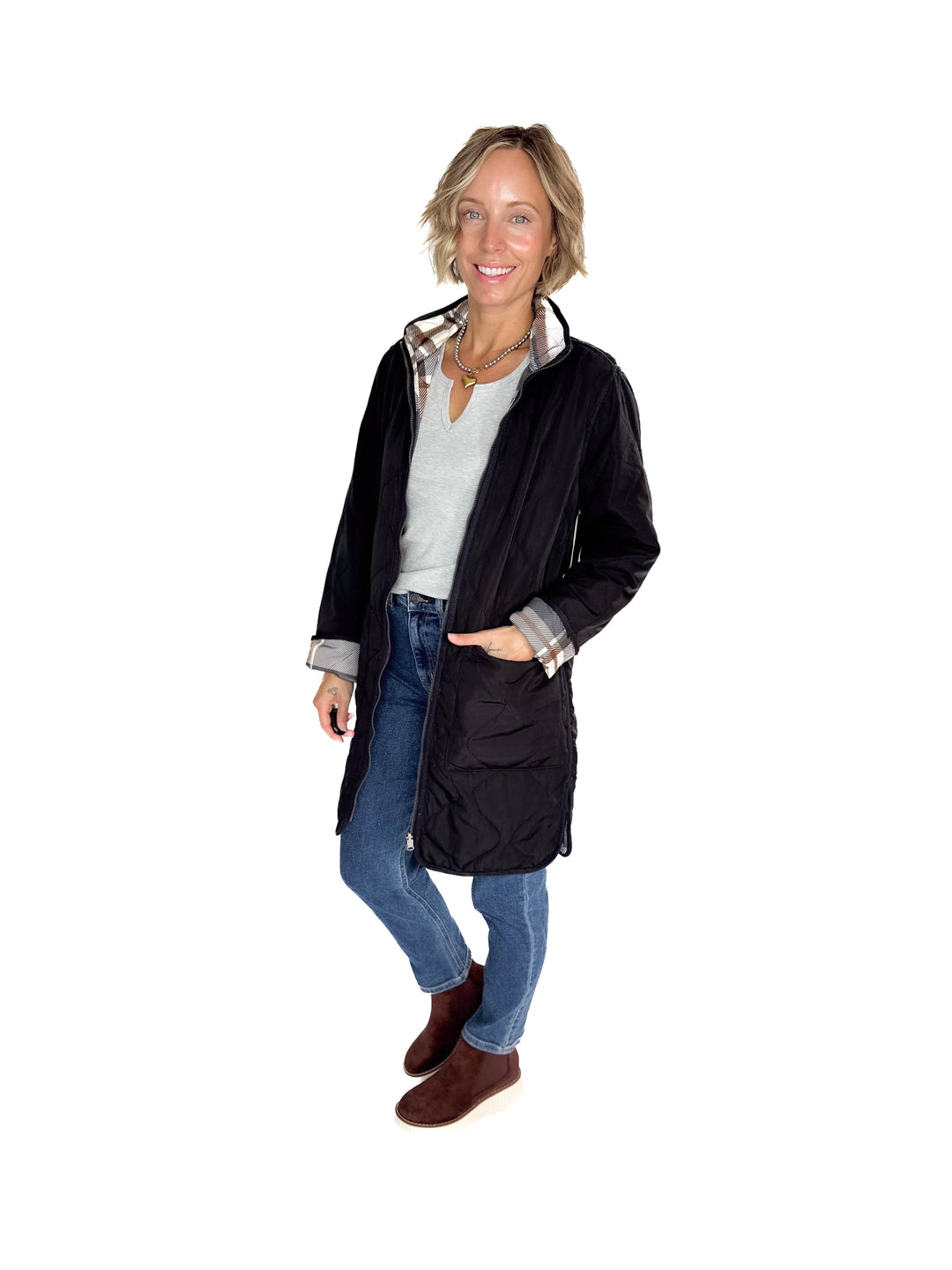 THREAD & SUPPLY Nixie Quilted Reversible Jacket- BLACK/PLAID