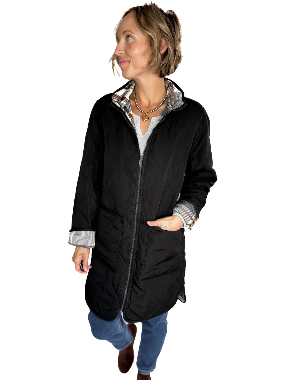 THREAD & SUPPLY Nixie Quilted Reversible Jacket- BLACK/PLAID