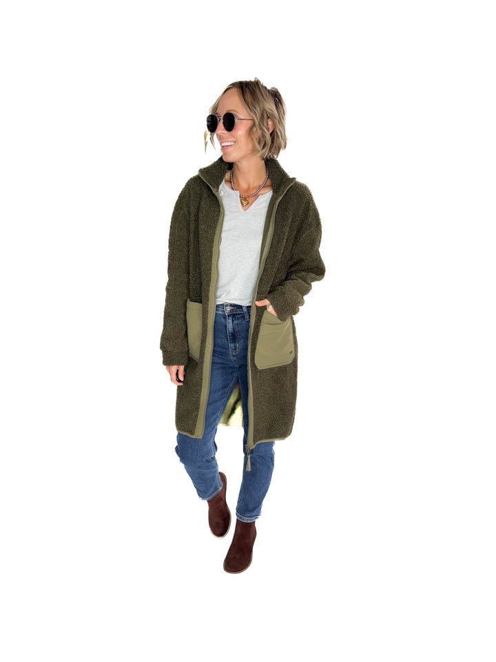 Cori Boucle Longline Coat- OLIVE