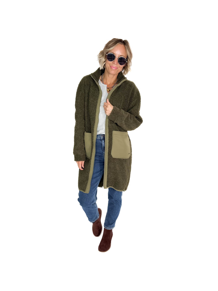 Cori Boucle Longline Coat- OLIVE