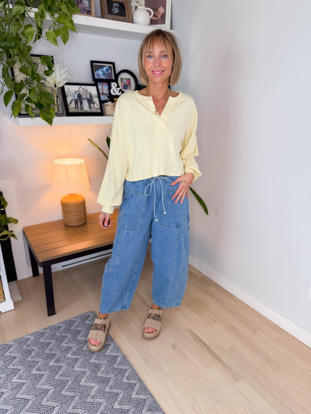 Daphne Split Neck Long Sleeve Cropped Knit Top- BUTTER YELLOW