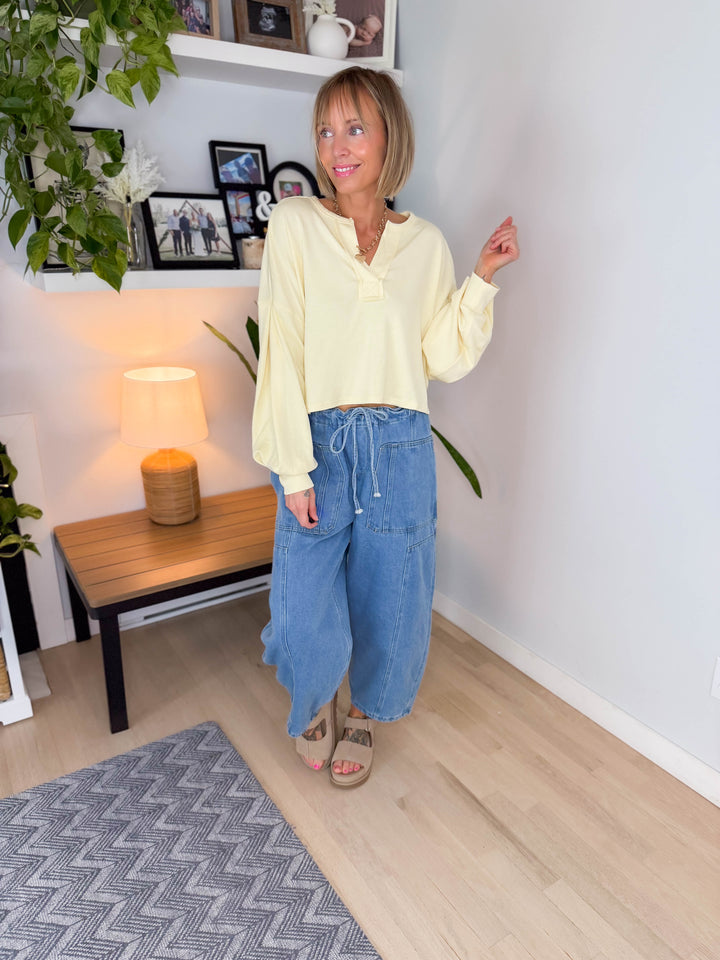 Daphne Split Neck Long Sleeve Cropped Knit Top- BUTTER YELLOW