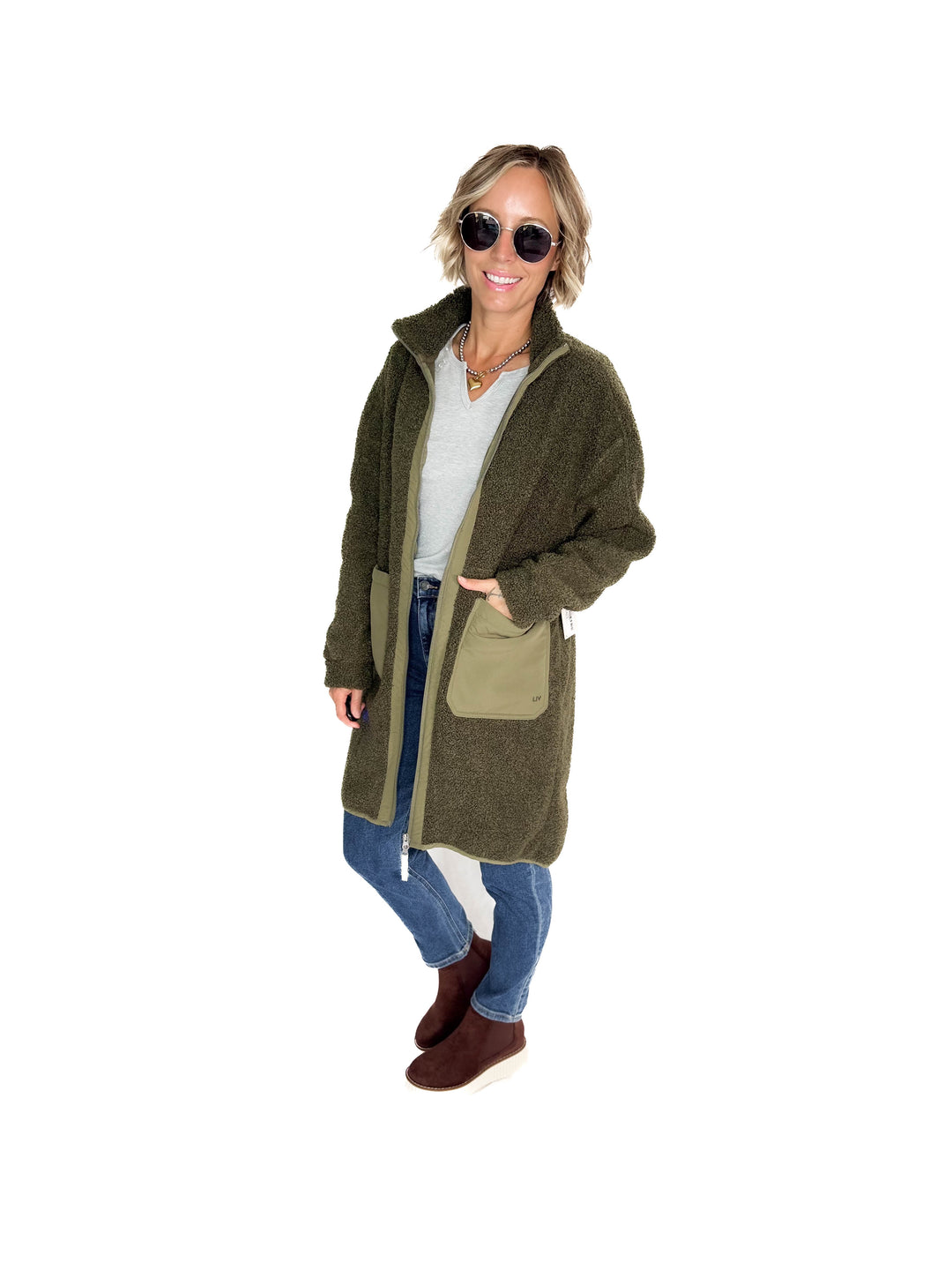 Cori Boucle Longline Coat- OLIVE