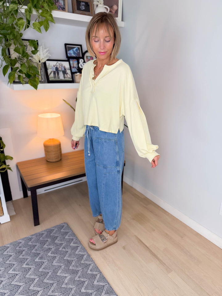 Daphne Split Neck Long Sleeve Cropped Knit Top- BUTTER YELLOW