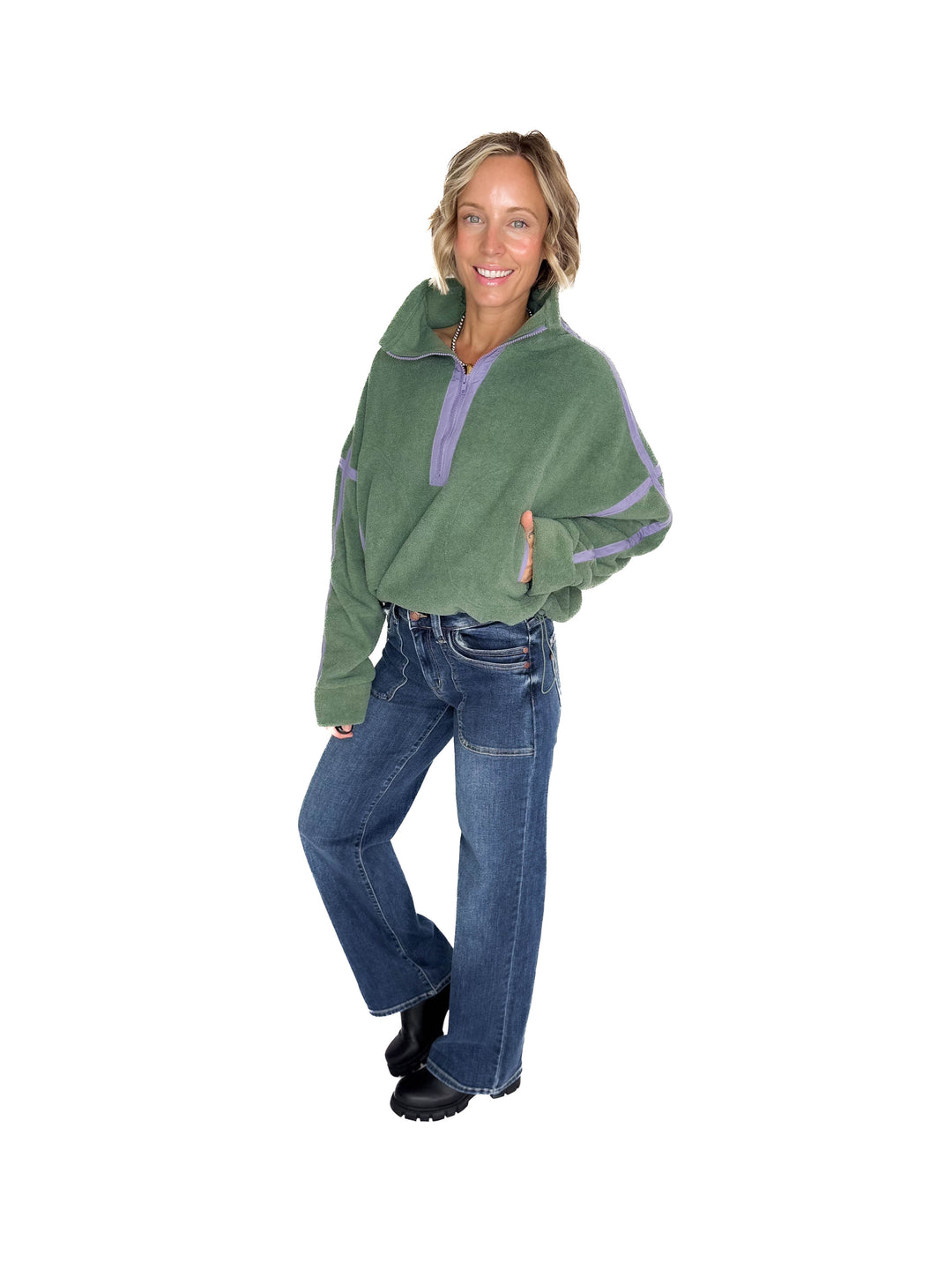 Lily Sherpa Jacket Pullover- PISTACHIO