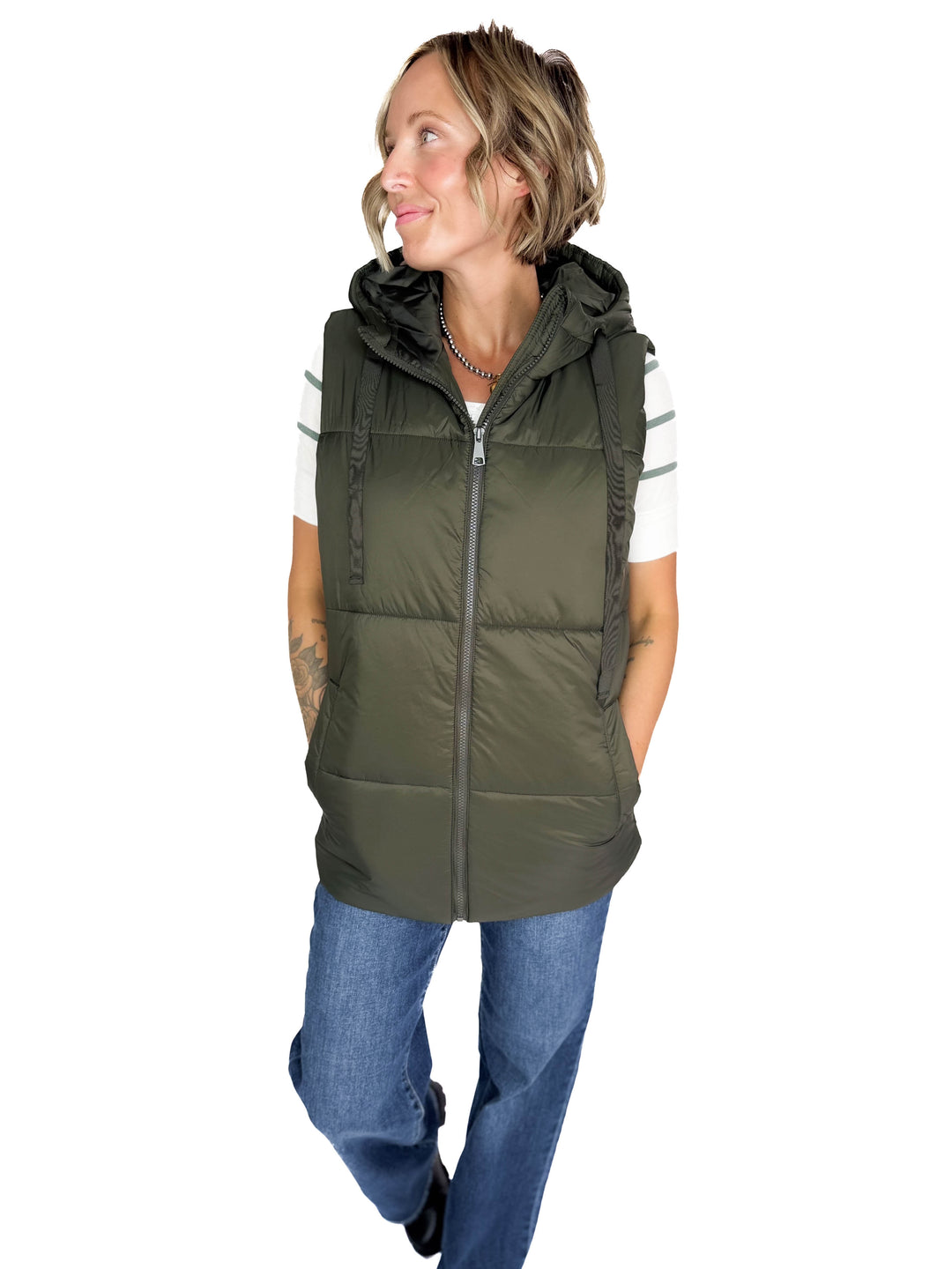 Mono B Kimberly Longline High Neck Padded Vest- OLIVE