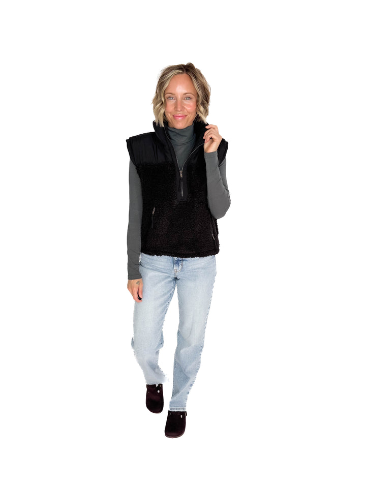 Mary Sherpa Contrast Collar Vest- BLACK