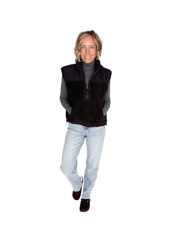 Mary Sherpa Contrast Collar Vest- BLACK