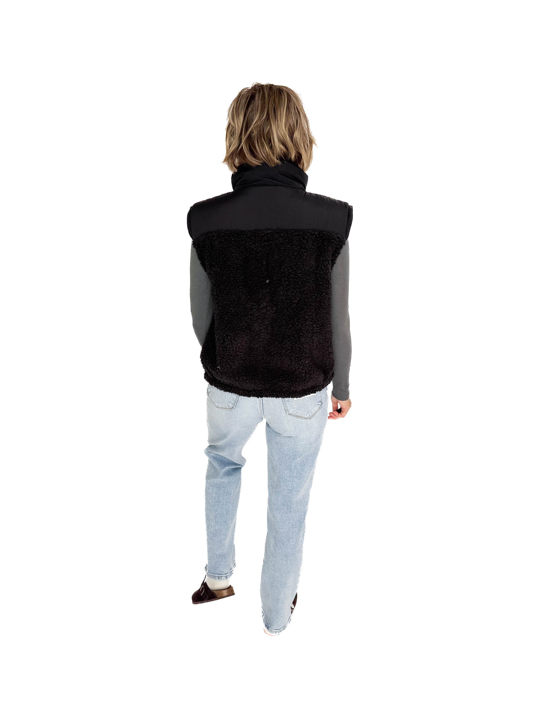 Mary Sherpa Contrast Collar Vest- BLACK