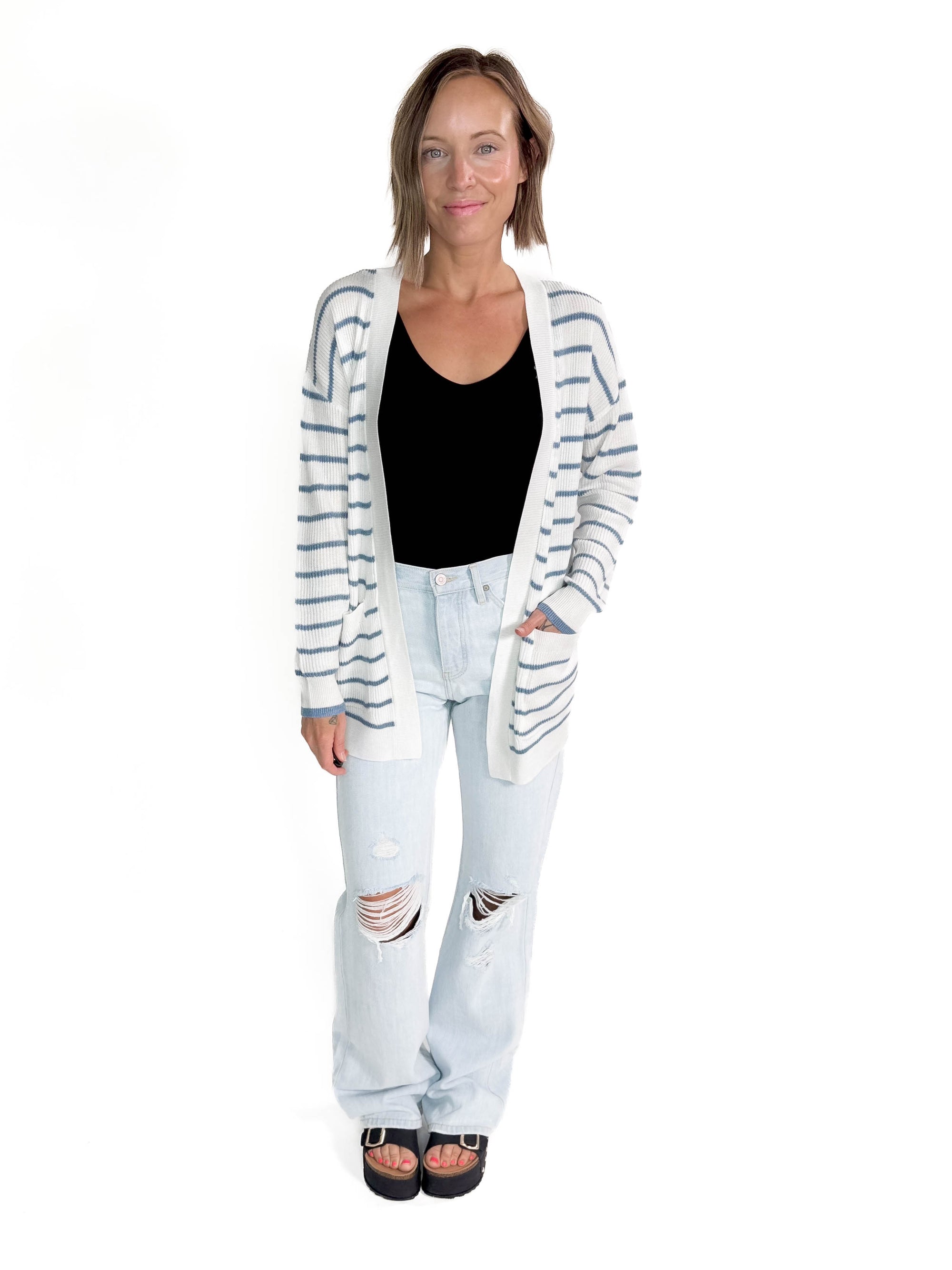 San Antonio Stripe Knit Cardigan- BLUE