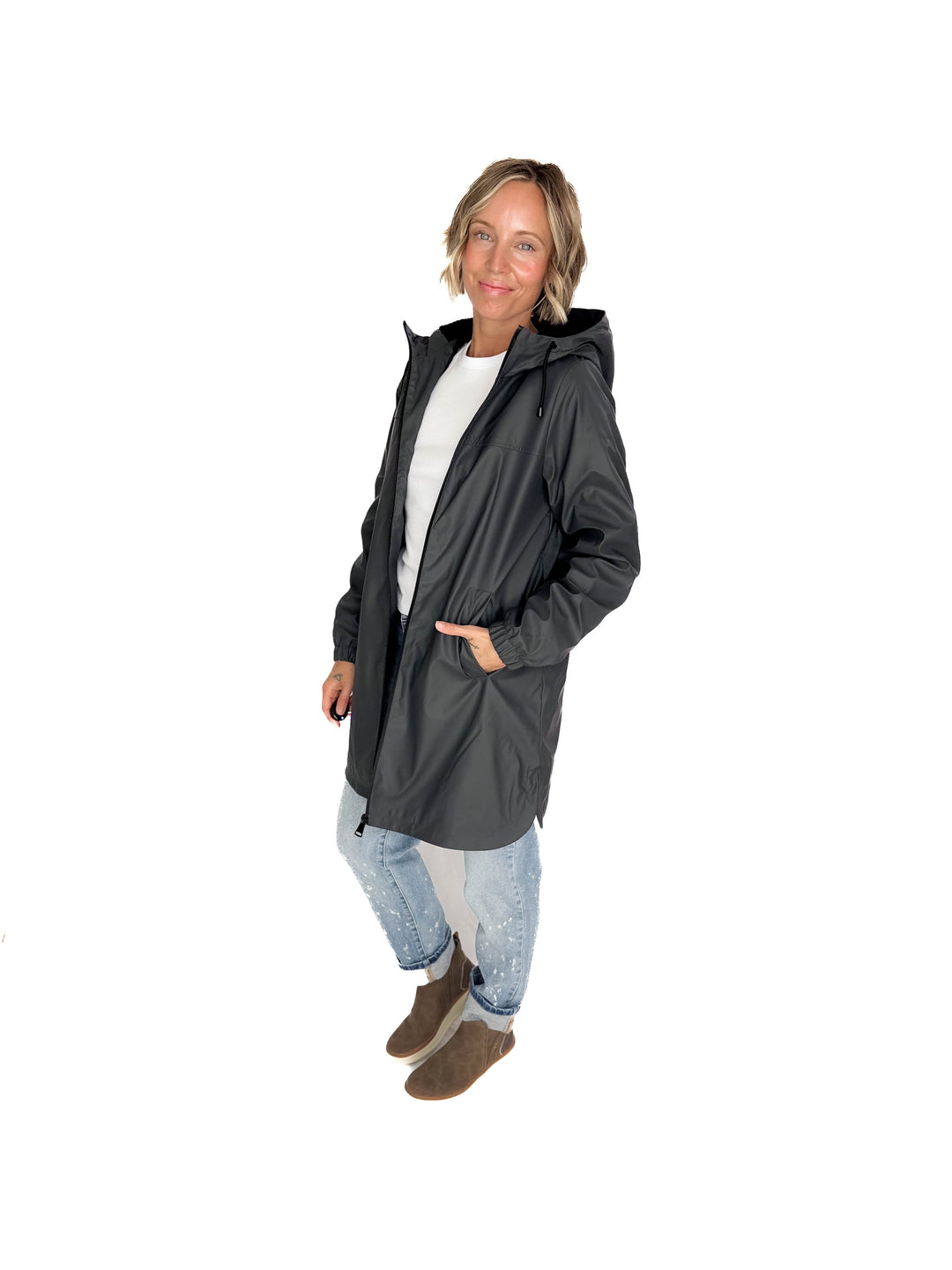 VERO MODA Asta Teddy Hooded Rain Coat- ASPHALT GREY