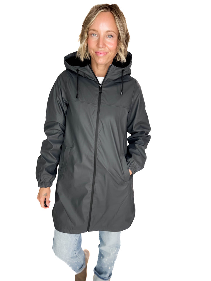 VERO MODA Asta Teddy Hooded Rain Coat- ASPHALT GREY