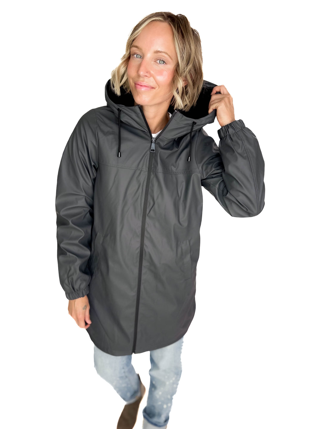 VERO MODA Asta Teddy Hooded Rain Coat- ASPHALT GREY