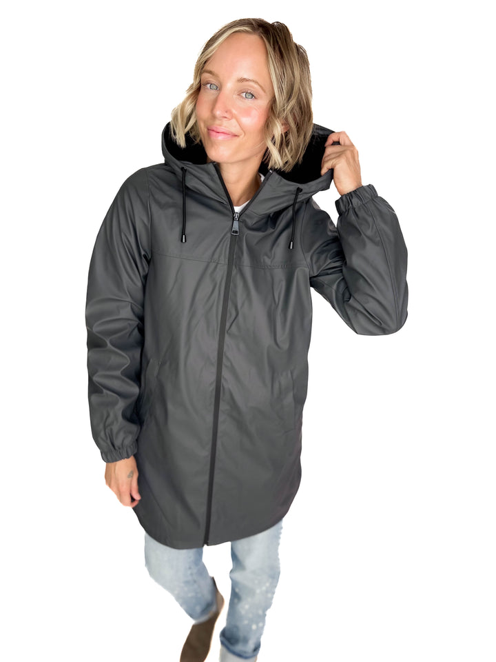 VERO MODA Asta Teddy Hooded Rain Coat- ASPHALT GREY