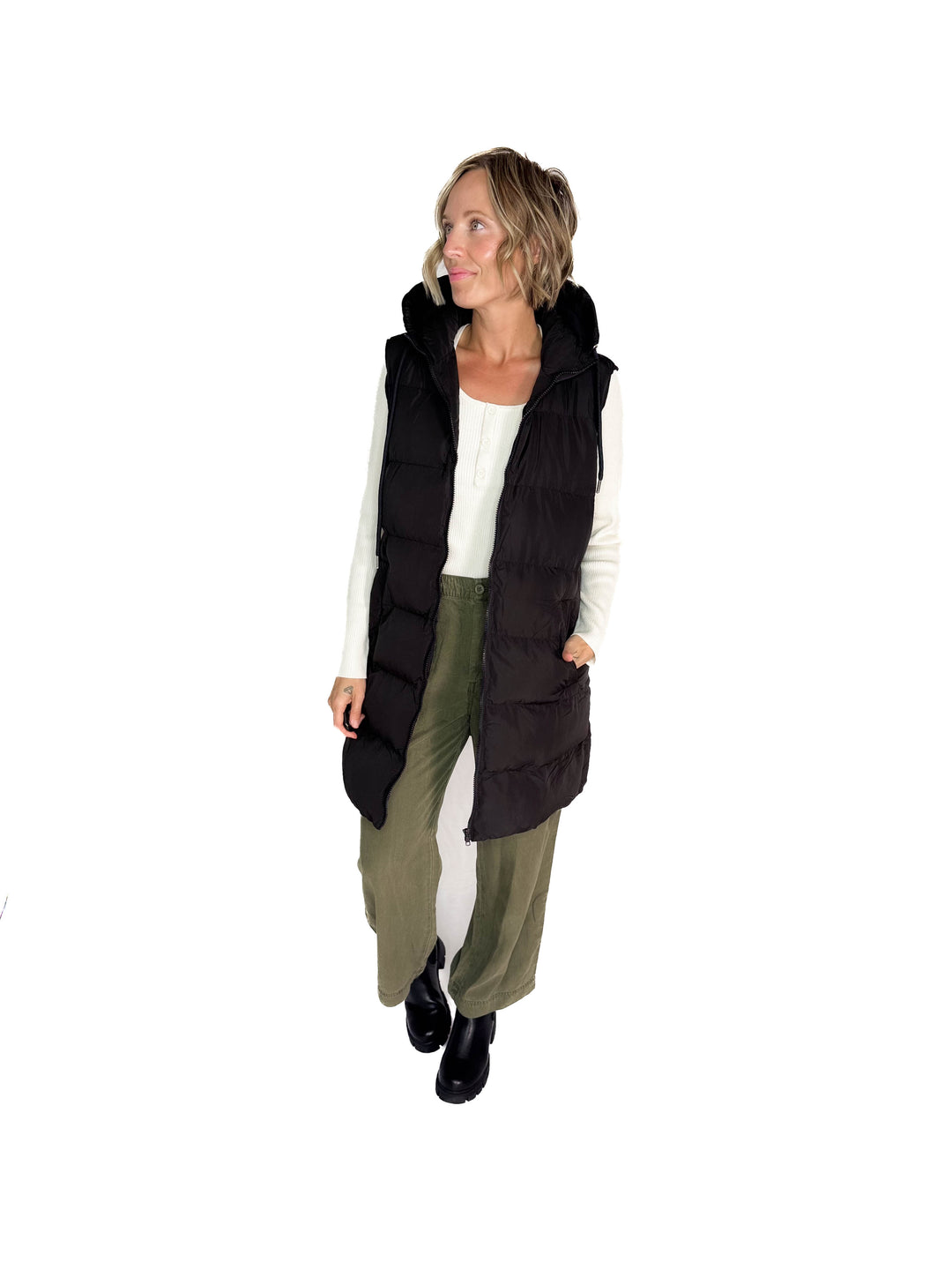 Maria  Hooded Zipper Longline Puffer Vest- BLACK