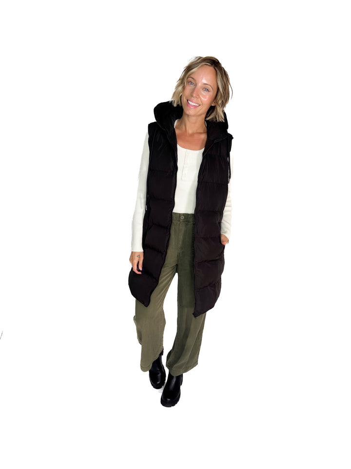 Maria  Hooded Zipper Longline Puffer Vest- BLACK