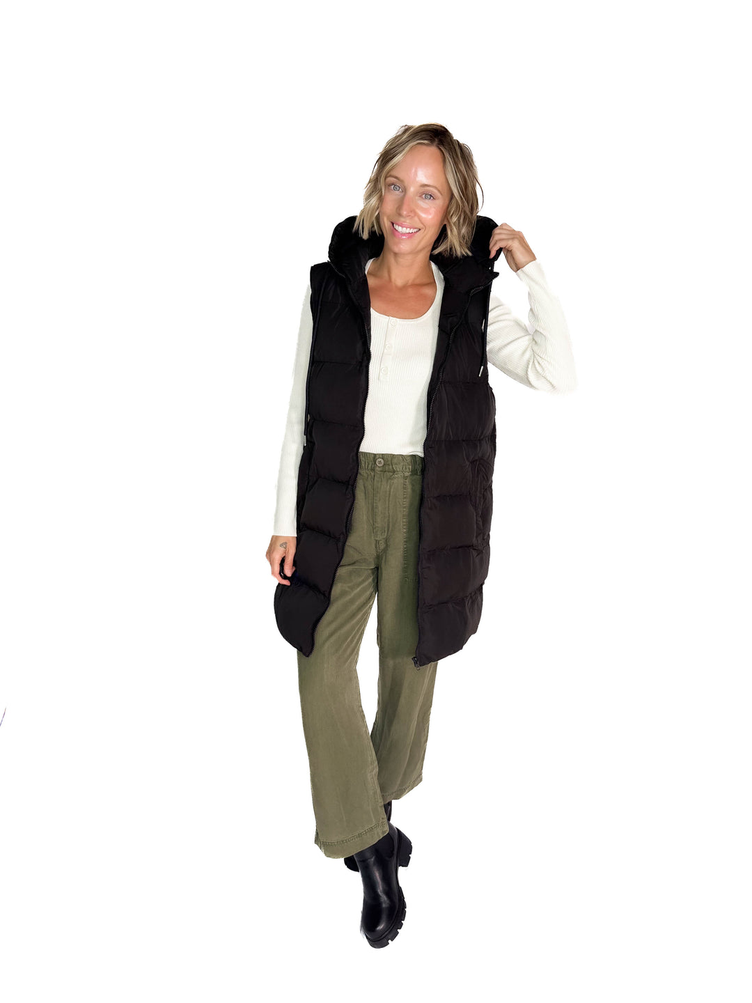 Maria  Hooded Zipper Longline Puffer Vest- BLACK