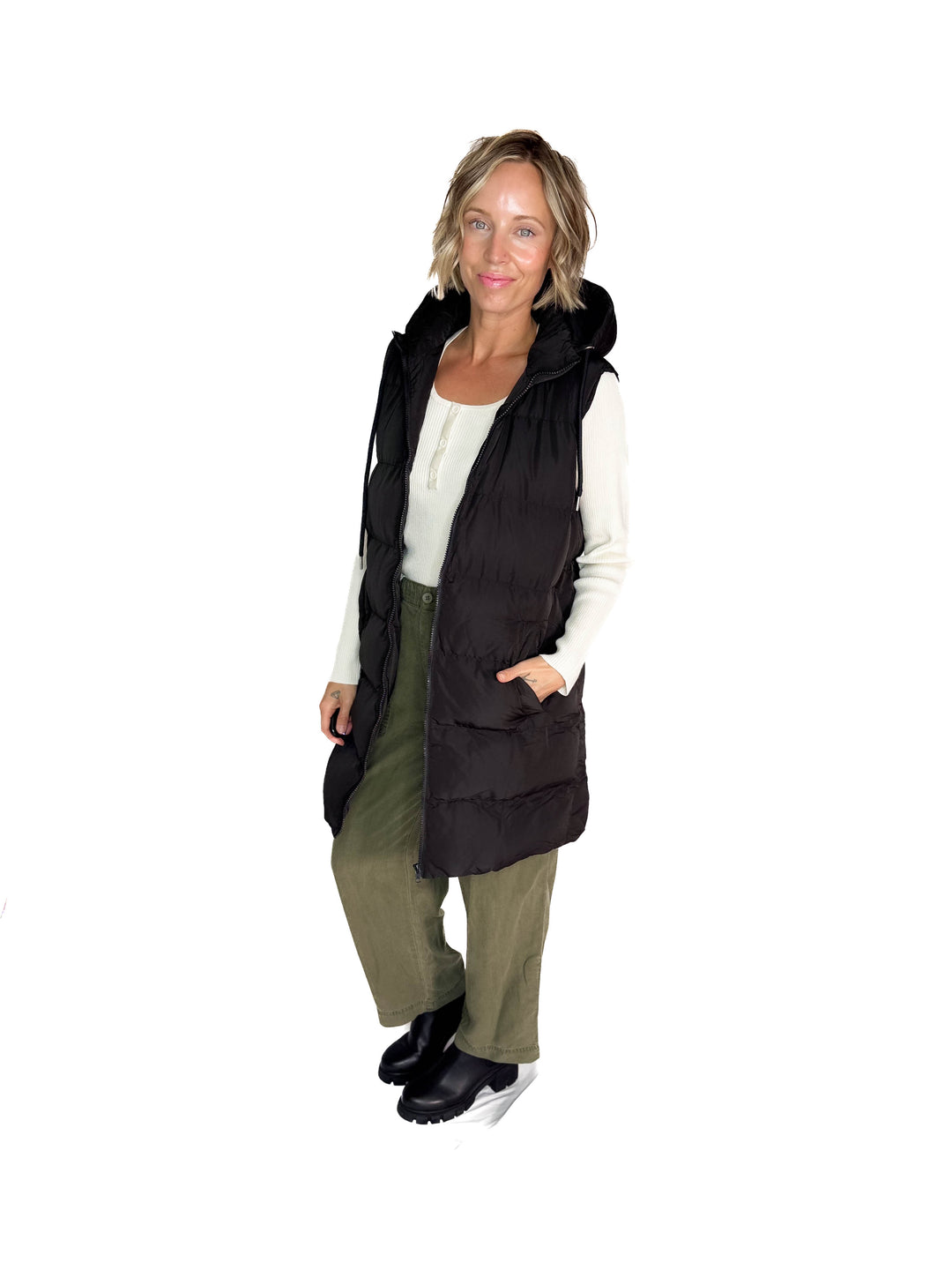 Maria  Hooded Zipper Longline Puffer Vest- BLACK