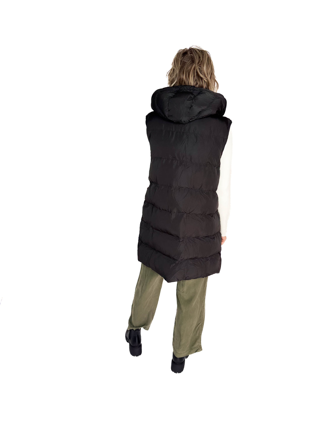 Maria  Hooded Zipper Longline Puffer Vest- BLACK