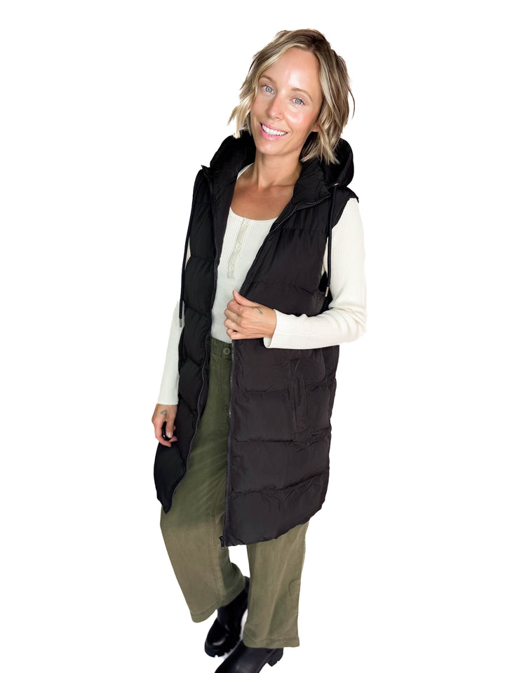 Maria  Hooded Zipper Longline Puffer Vest- BLACK
