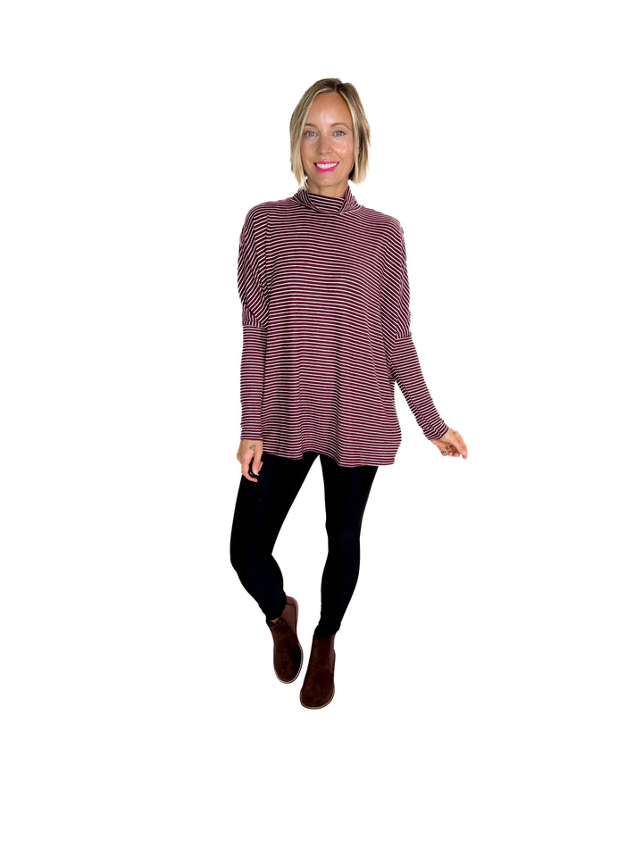 Mira Mock Neck Top- DARK CHERRY/ CREAM