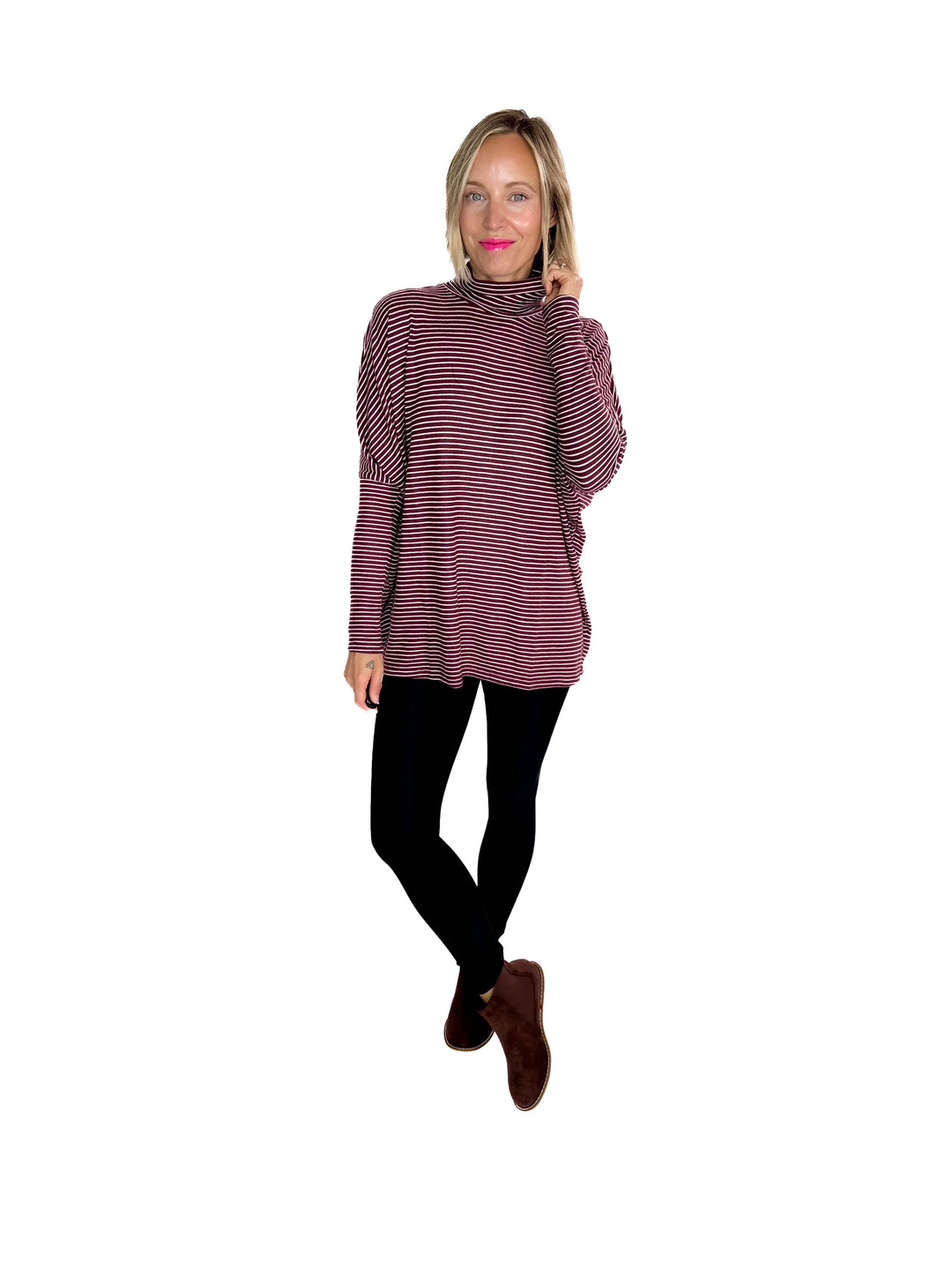 Mira Mock Neck Top- DARK CHERRY/ CREAM