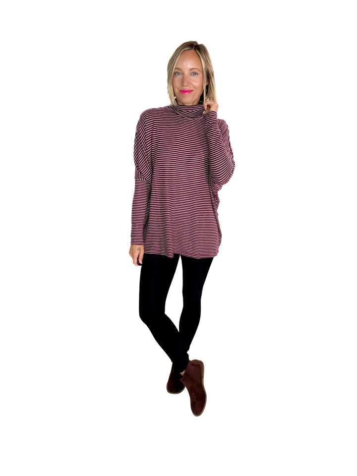 Mira Mock Neck Top- DARK CHERRY/ CREAM