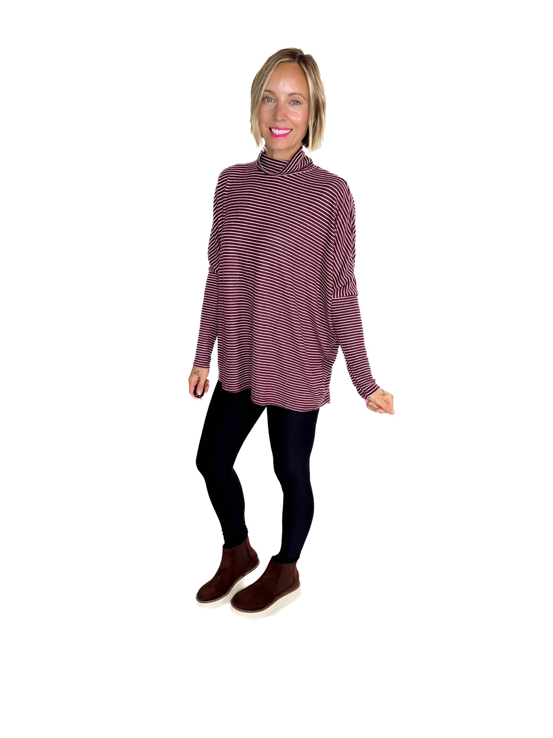 Mira Mock Neck Top- DARK CHERRY/ CREAM