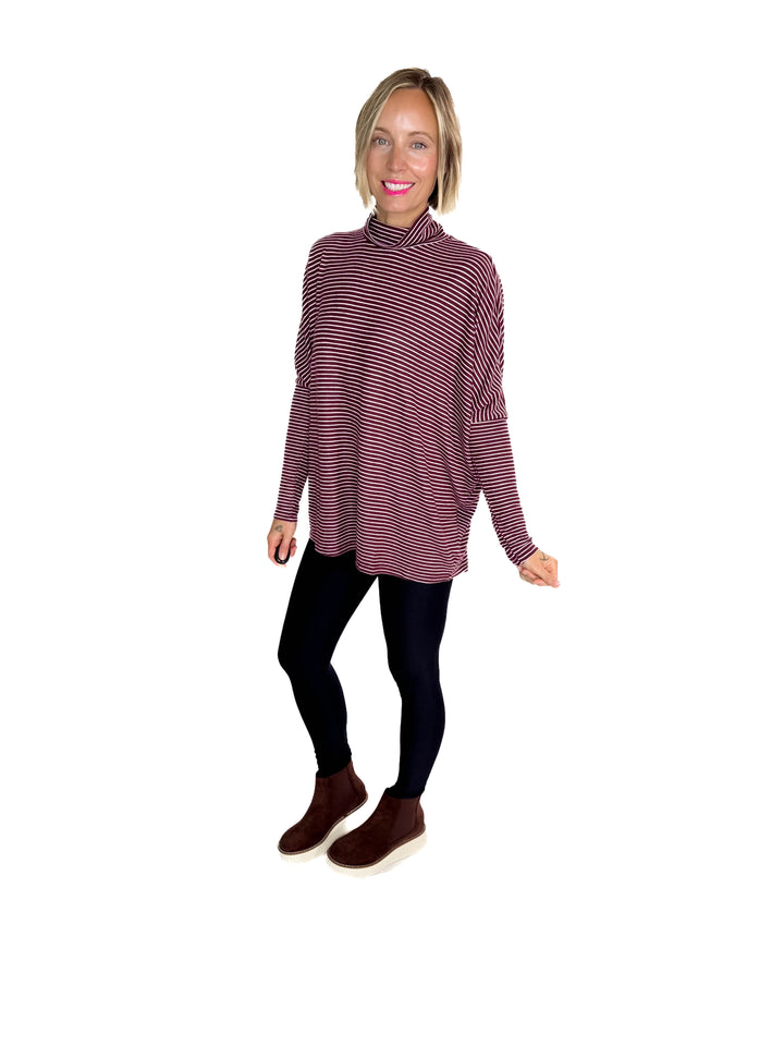 Mira Mock Neck Top- DARK CHERRY/ CREAM