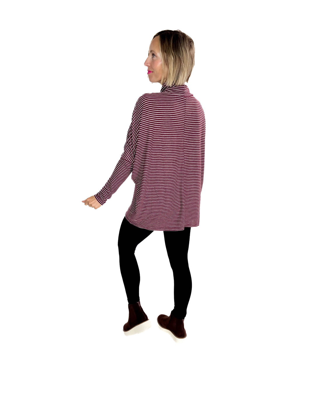 Mira Mock Neck Top- DARK CHERRY/ CREAM