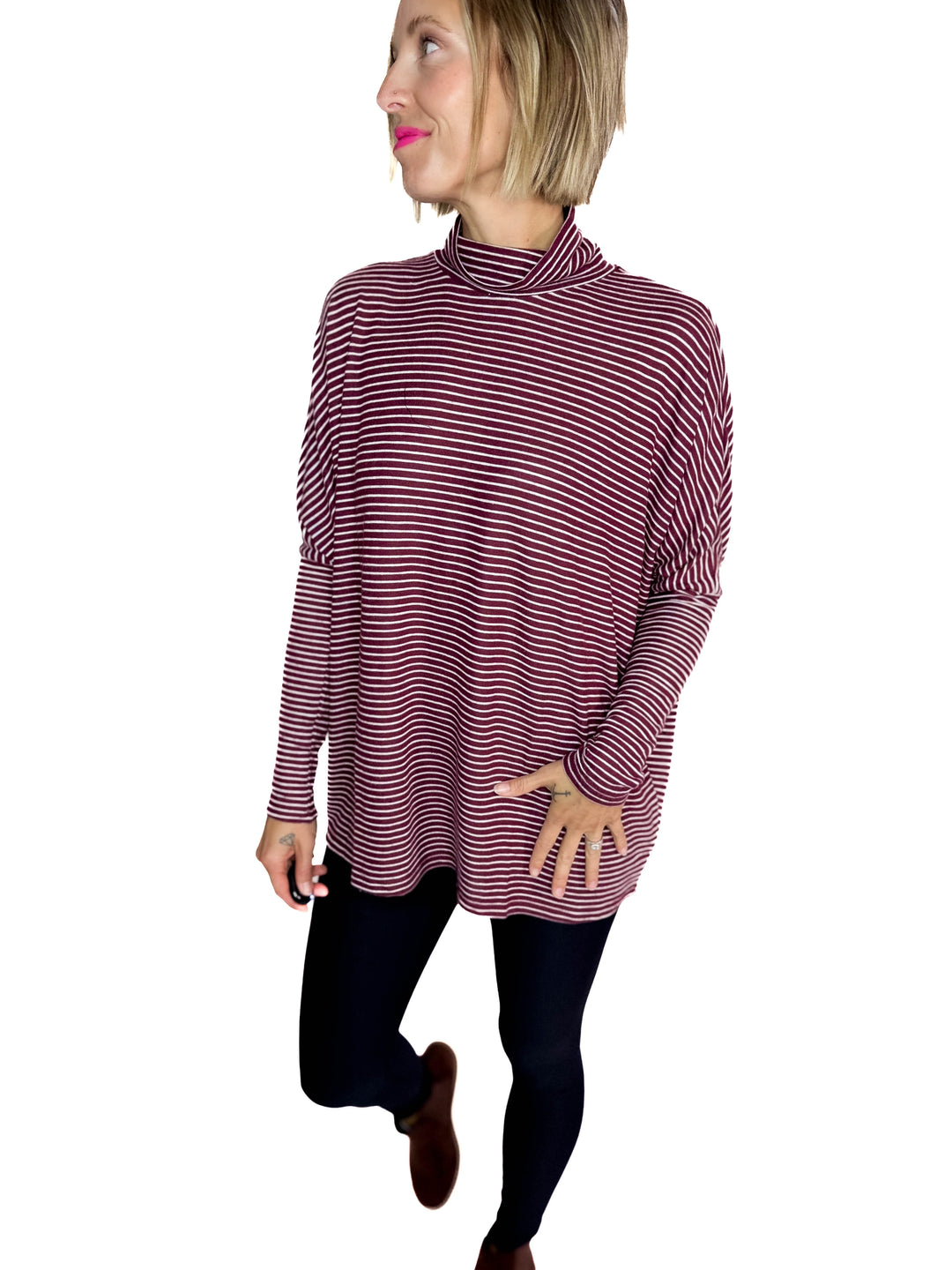Mira Mock Neck Top- DARK CHERRY/ CREAM