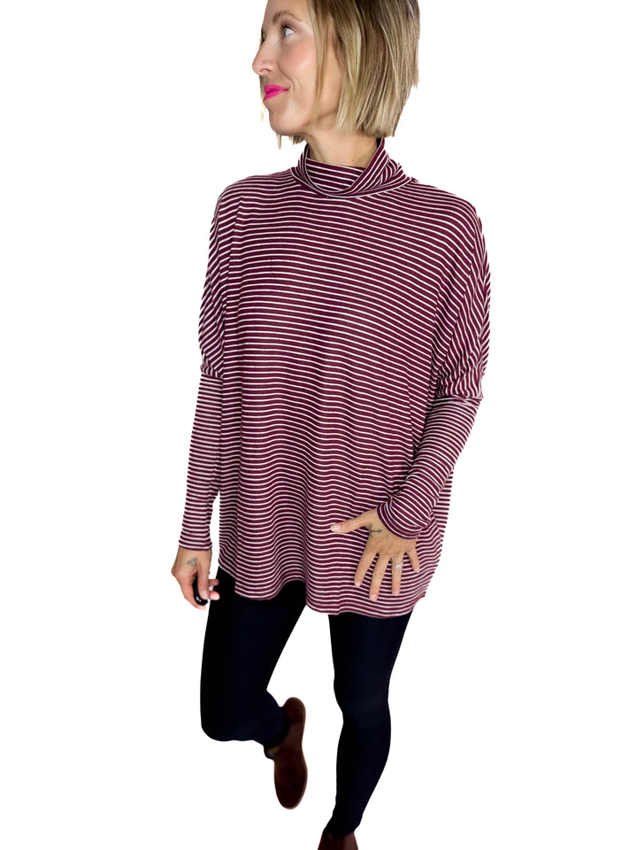 Mira Mock Neck Top- DARK CHERRY/ CREAM