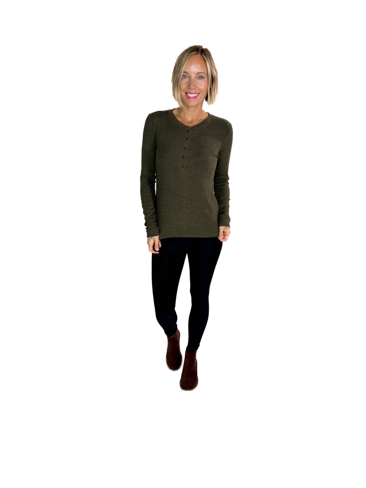 Carolyn Ultra Soft Classic Ribbed Long sleeve Henley- WINTER FOREST