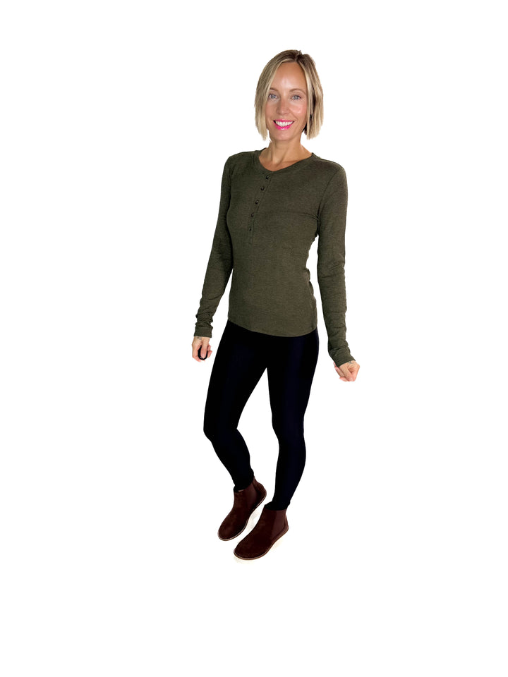 Carolyn Ultra Soft Classic Ribbed Long sleeve Henley- WINTER FOREST
