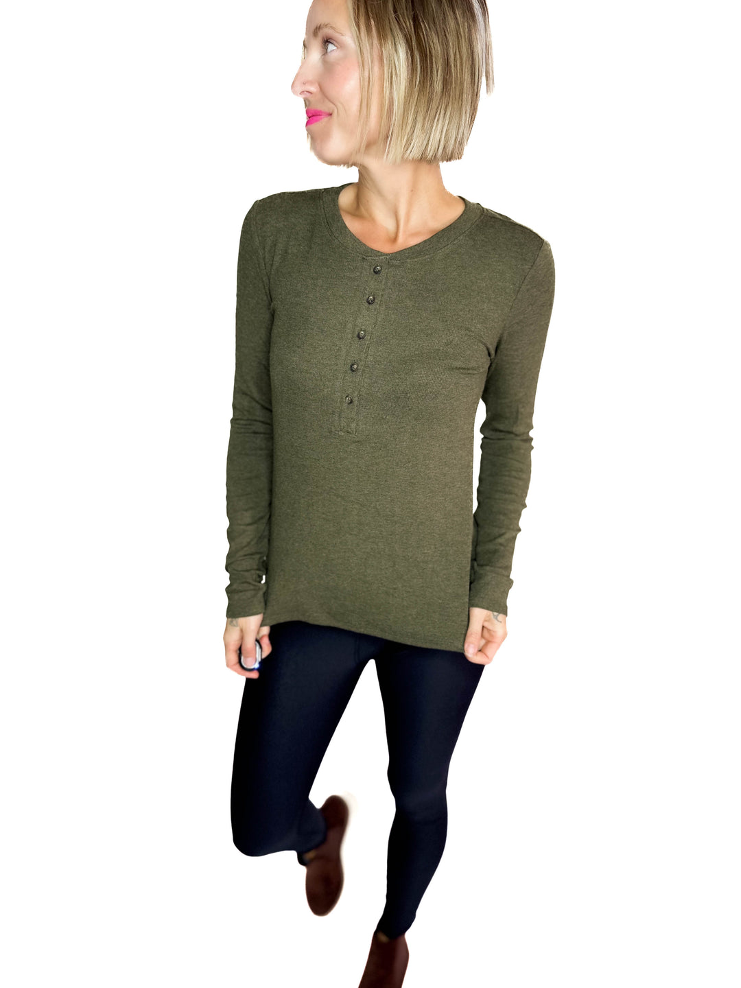 Carolyn Ultra Soft Classic Ribbed Long sleeve Henley- WINTER FOREST