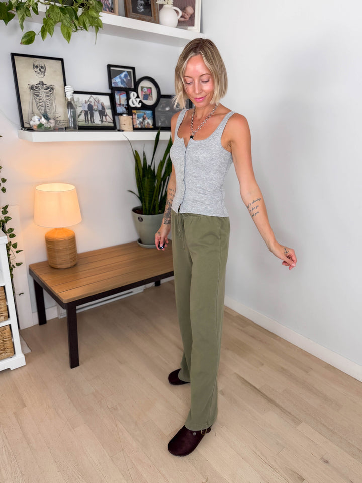Khendra Cotton Straight Leg Pant- WASHED SAND OLIVE