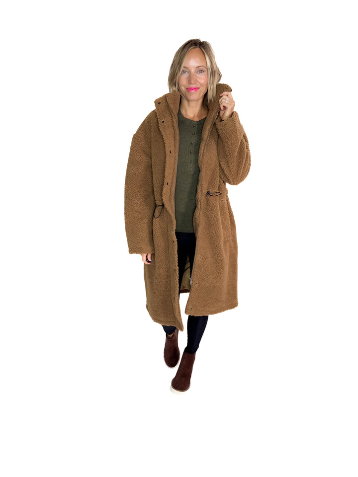 RD STYLE Mila Long Sherpa Coat- CARAMEL