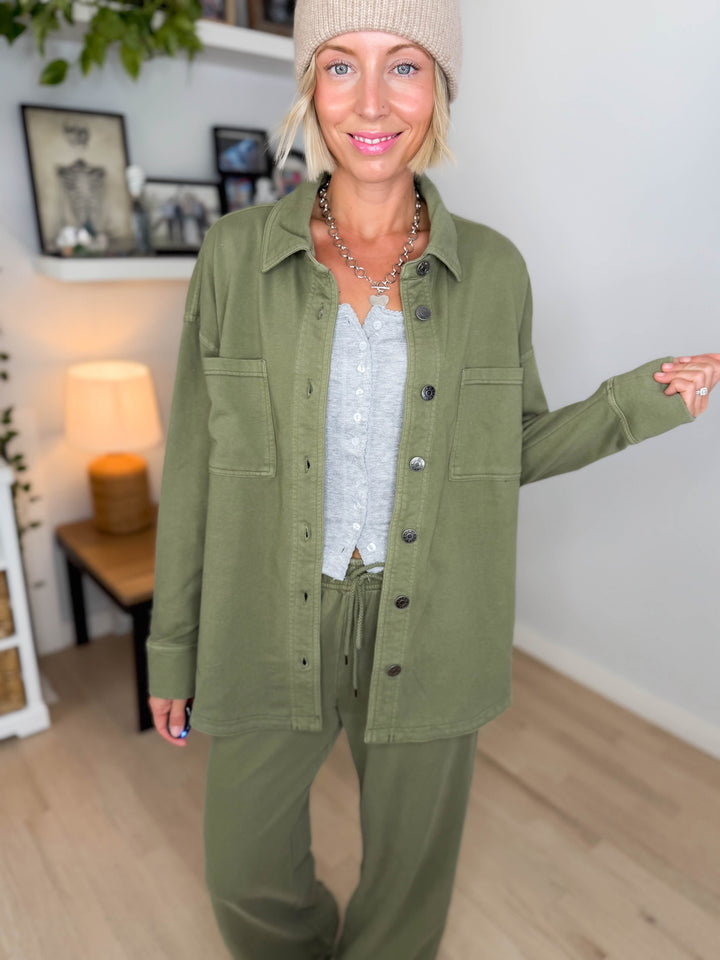 Khendra Cotton Shacket- WASHED SAND OLIVE
