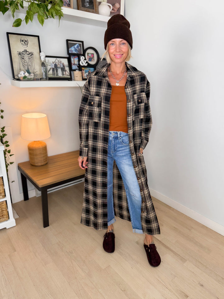 Jovie Plaid Duster- BLACK & TAN