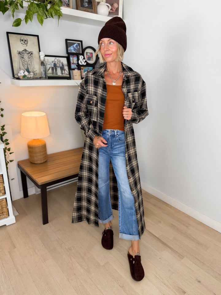 Jovie Plaid Duster- BLACK & TAN