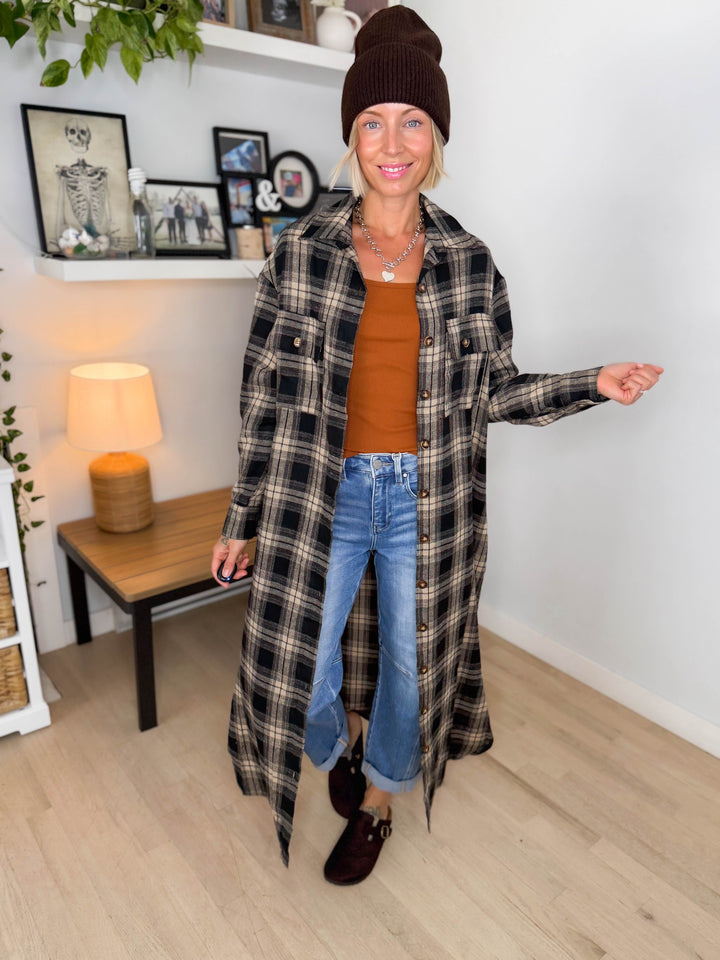 Jovie Plaid Duster- BLACK & TAN