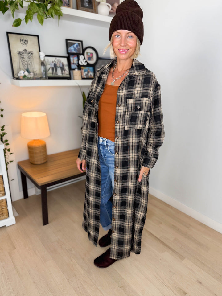 Jovie Plaid Duster- BLACK & TAN
