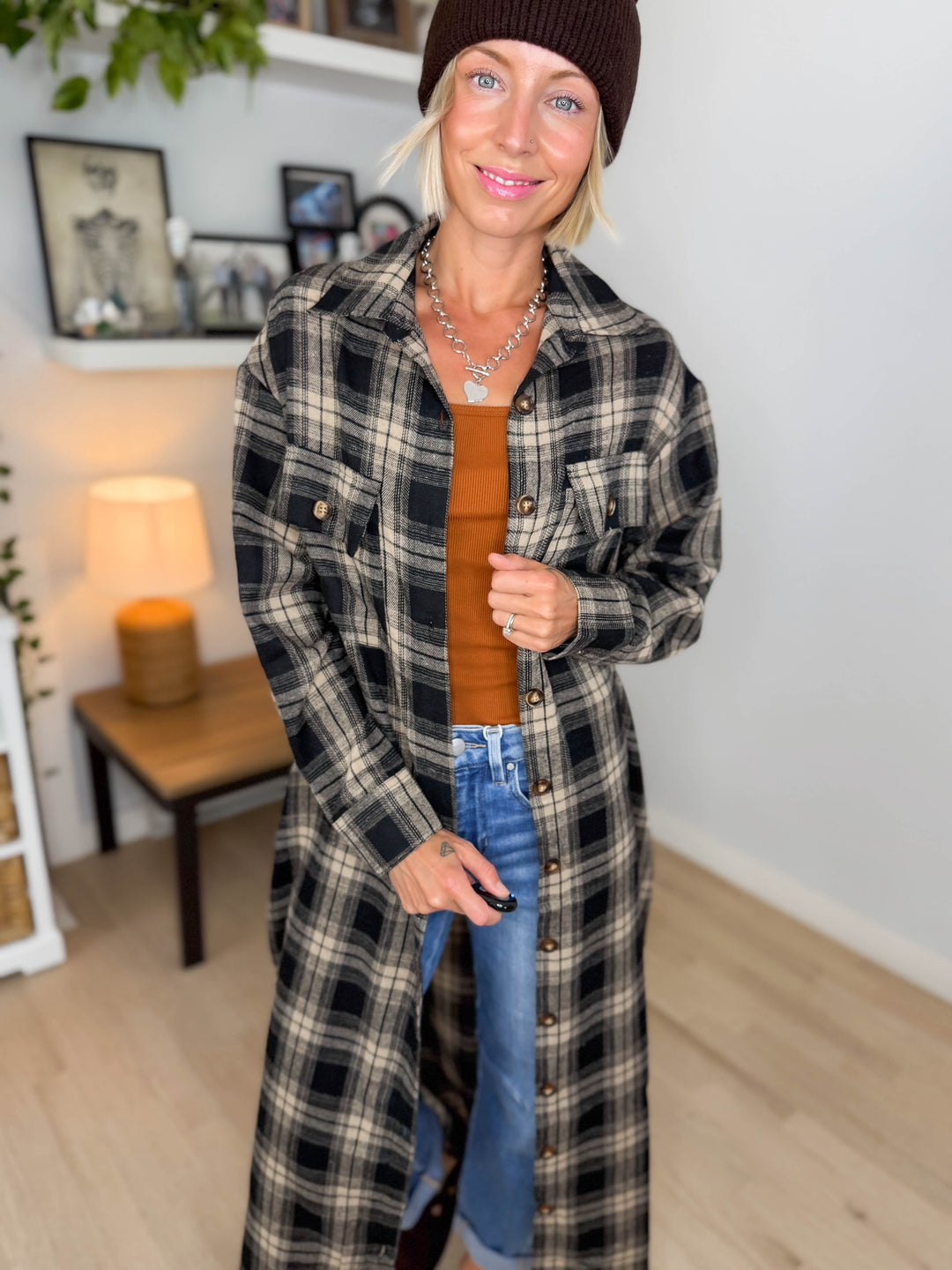 Jovie Plaid Duster- BLACK & TAN