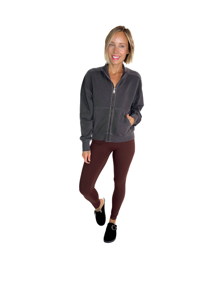 Adeline Cozy Acid Wash High Collar Full Zip- WASHED CHARCOAL