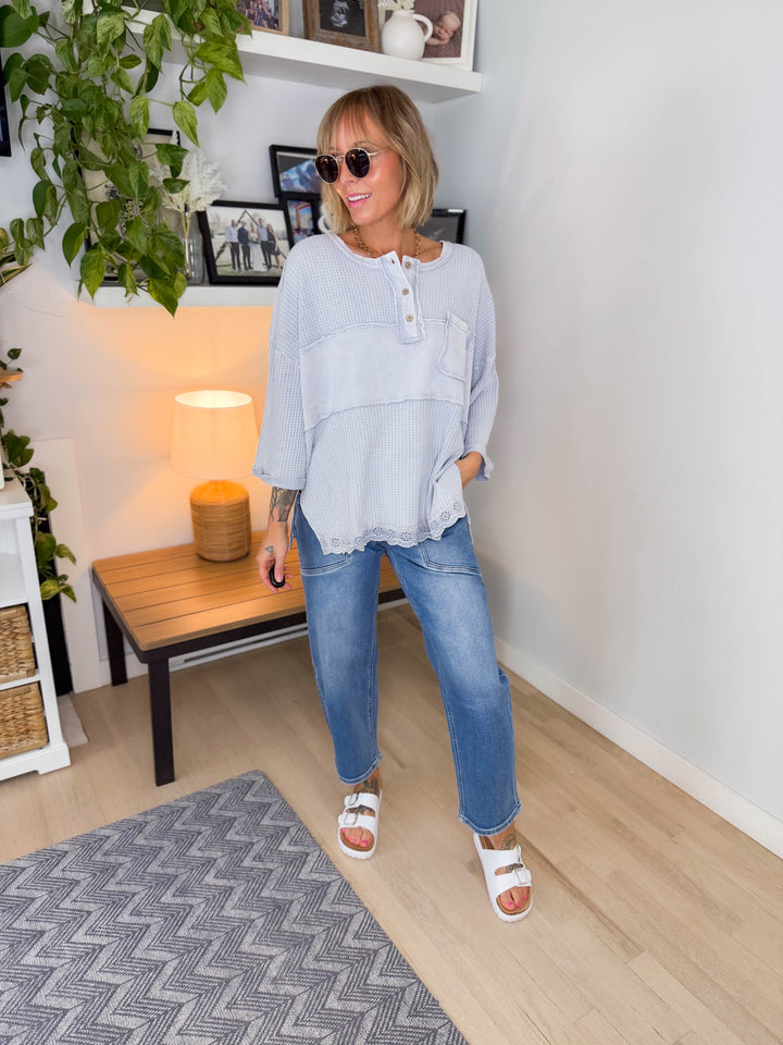 Penney 3/4 Sleeve Ribbed Pullover- BLUE GREY
