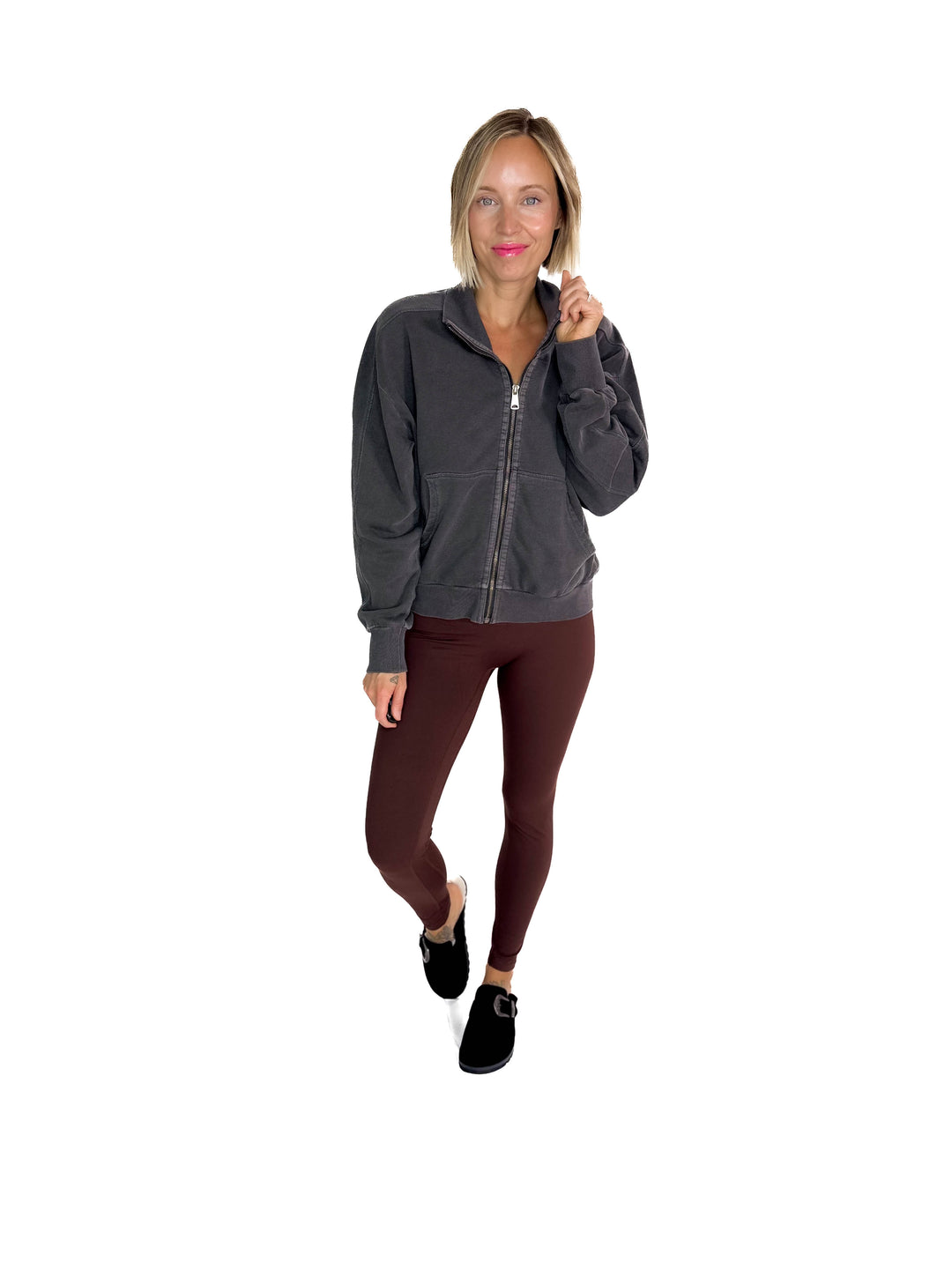 Adeline Cozy Acid Wash High Collar Full Zip- WASHED CHARCOAL