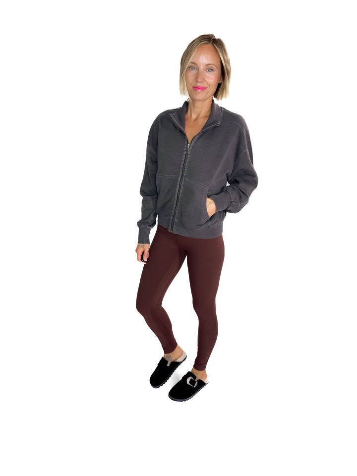 Adeline Cozy Acid Wash High Collar Full Zip- WASHED CHARCOAL