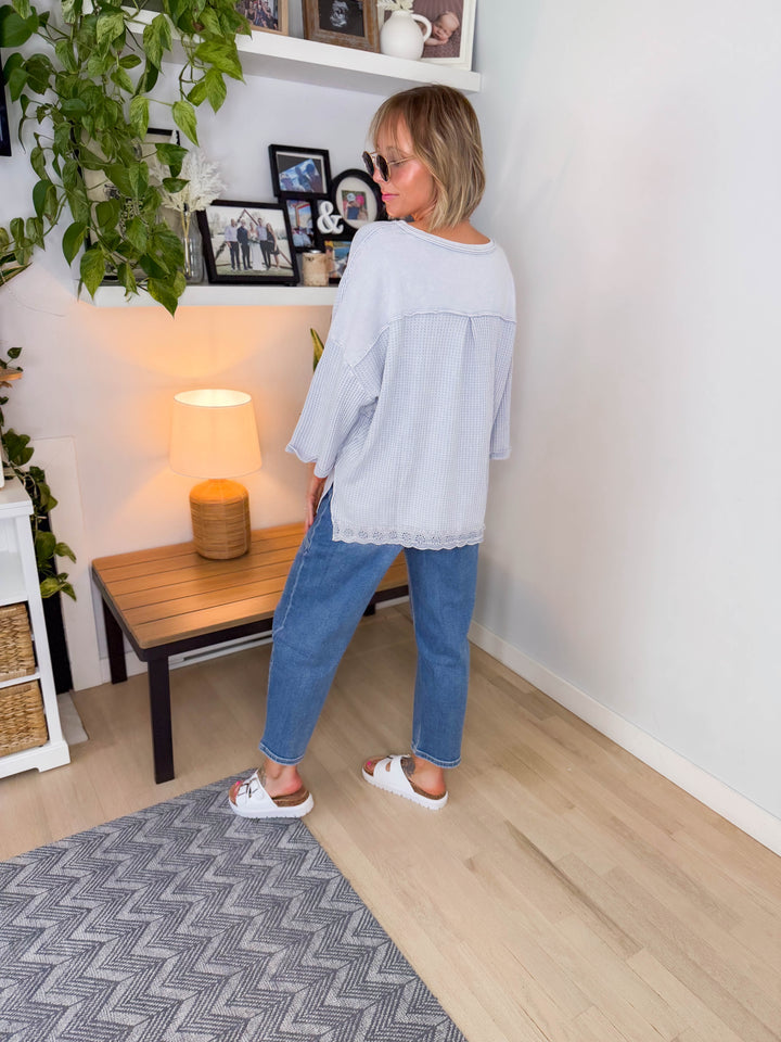 Penney 3/4 Sleeve Ribbed Pullover- BLUE GREY