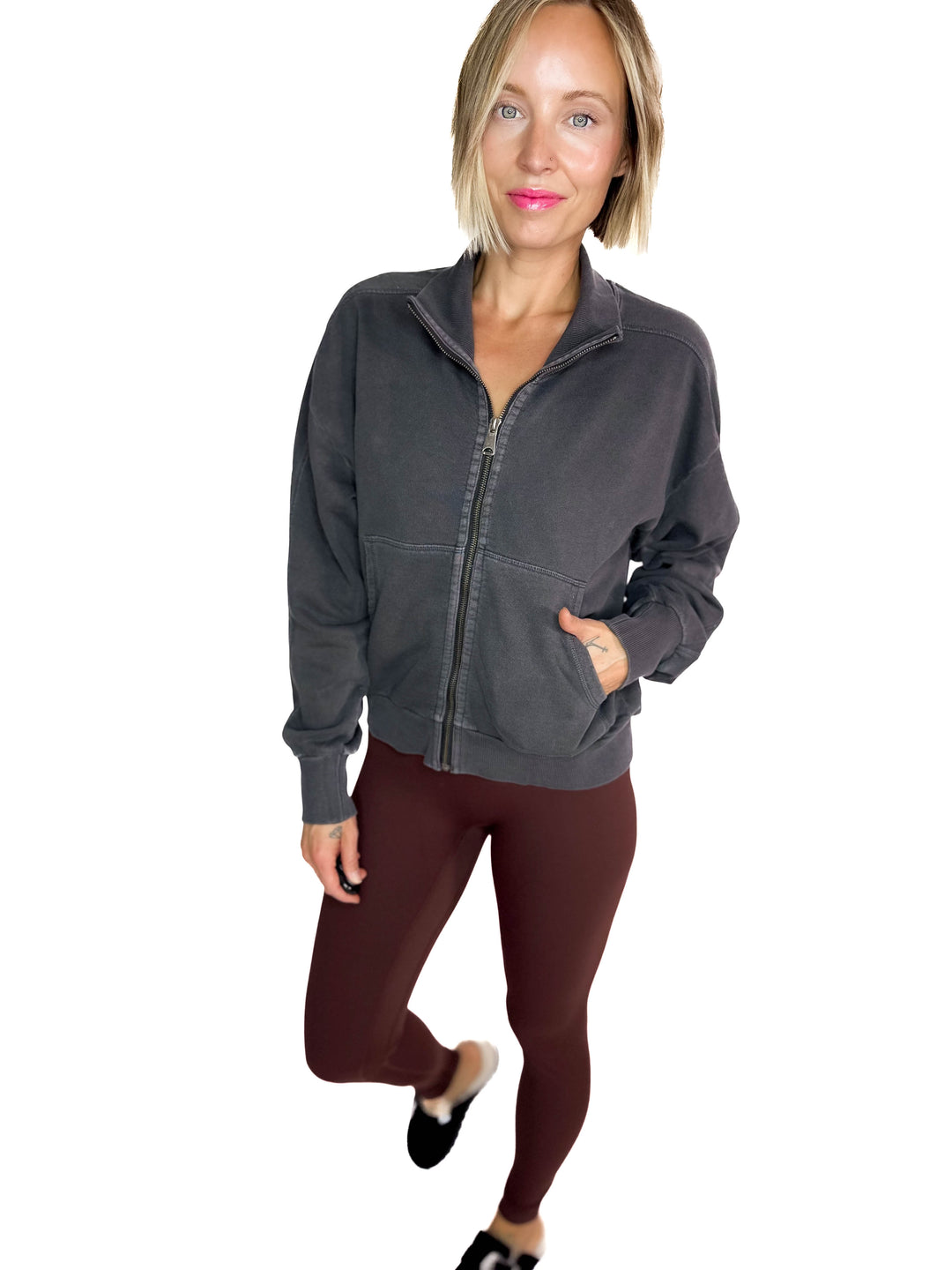 Adeline Cozy Acid Wash High Collar Full Zip- WASHED CHARCOAL