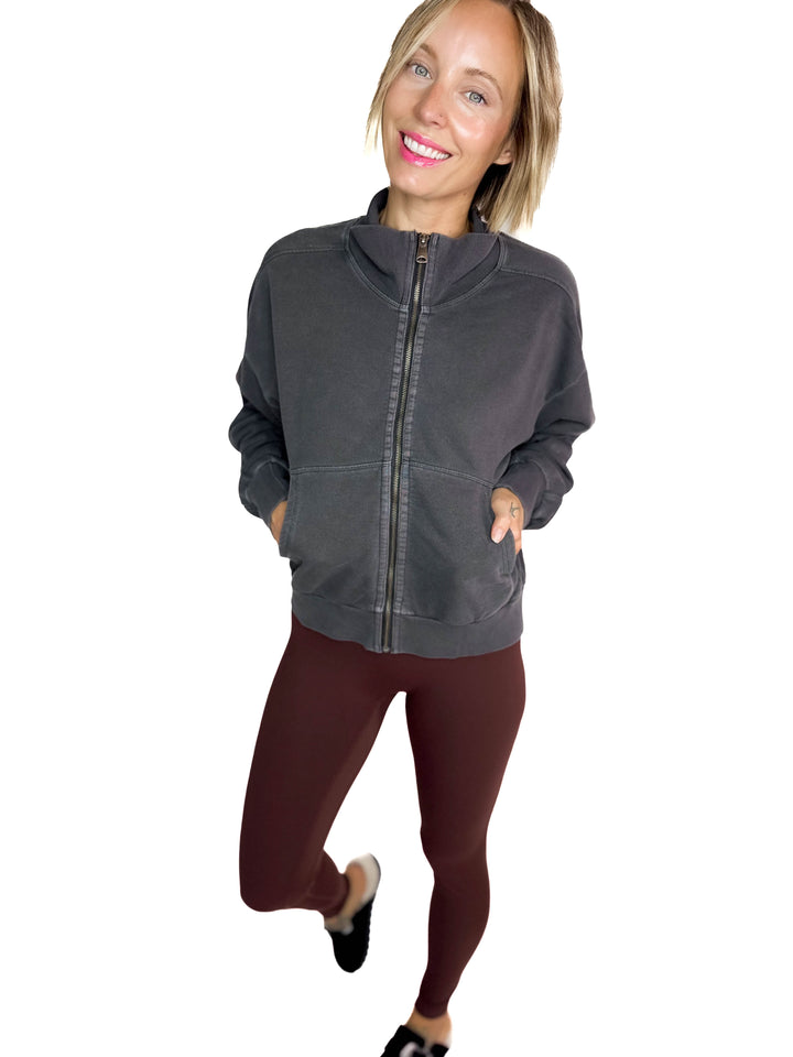 Adeline Cozy Acid Wash High Collar Full Zip- WASHED CHARCOAL